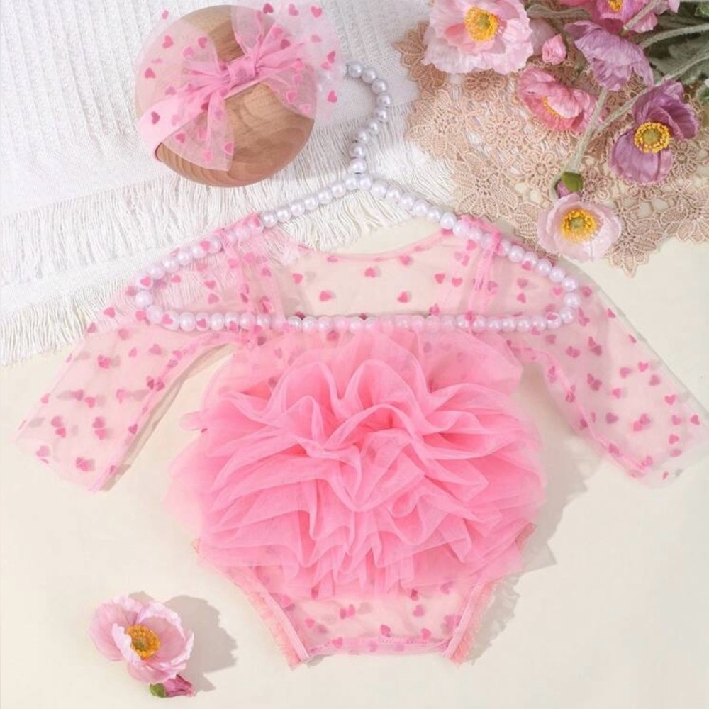 Newborn Photography Props - Baby Polka Dot Lace Bodysuit & Bow Headband Set - Picture 2 of 9